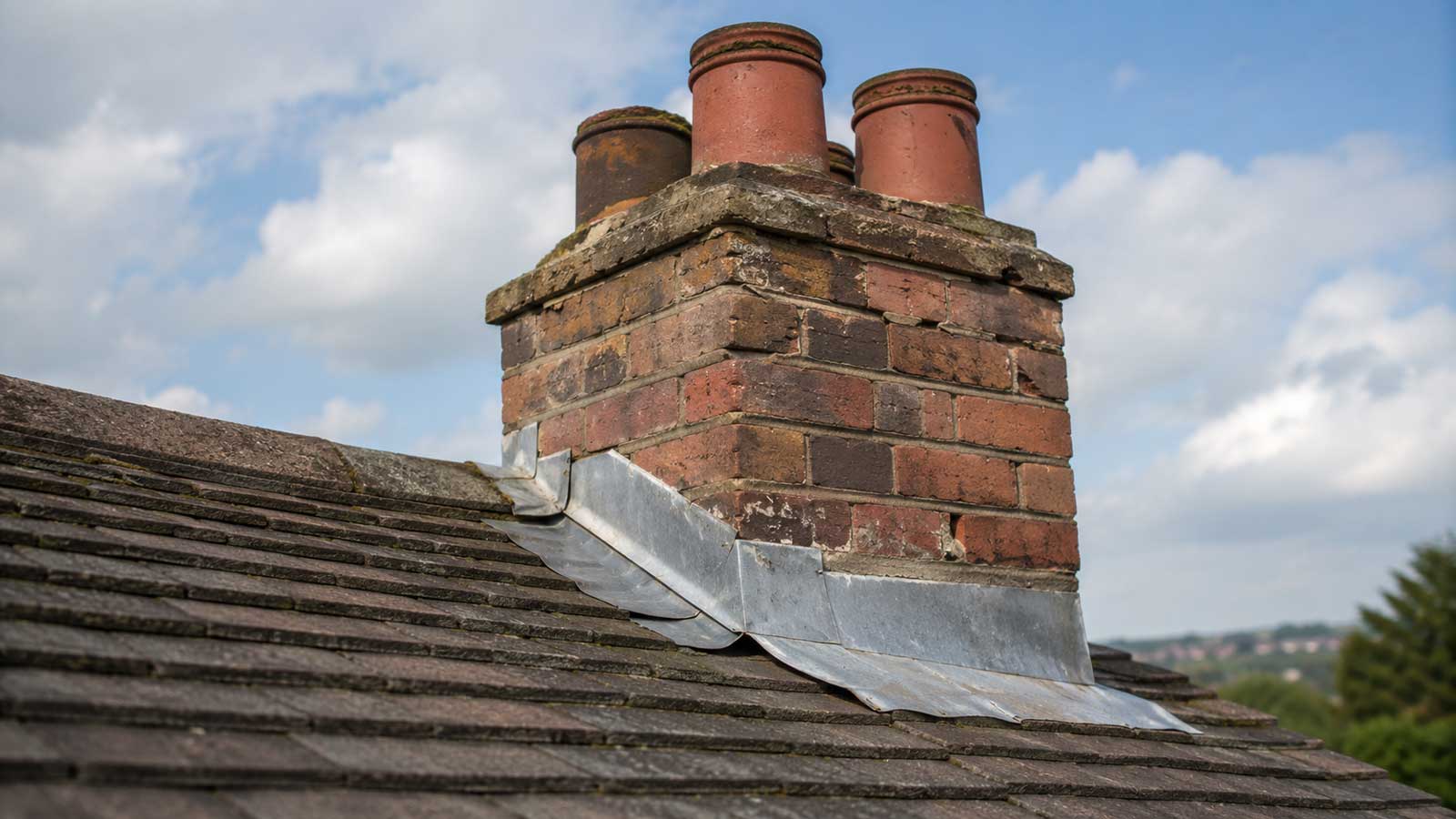 Lead flashing around a brick chimney on a pitched roof